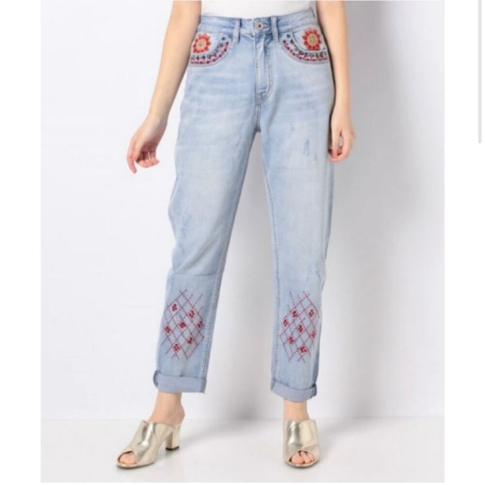 Desigual Marrakech Exotic Jeans Embroidered Embellished Straight Leg Jeans Sz 26